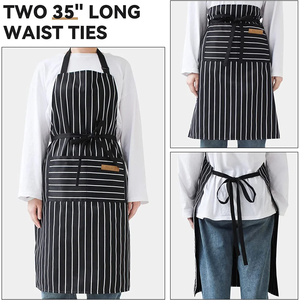 Adjustable Striped Halter Neck Apron with 2 Pockets for Kitchen Restaurant Gardening Cafe - Black Thin Stripe - 2