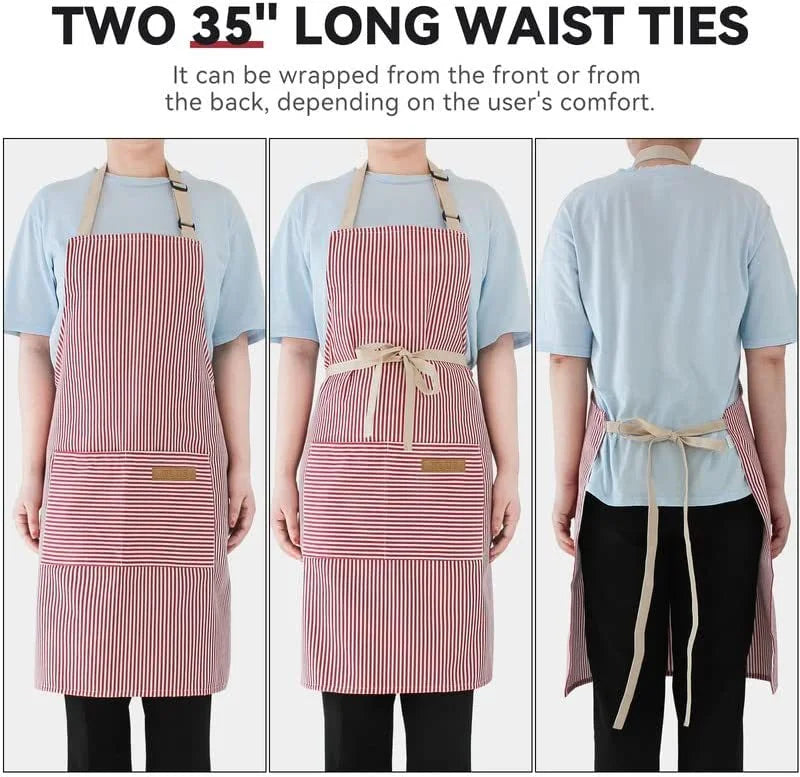 Adjustable Striped Halter Neck Apron with 2 Pockets for Kitchen Restaurant Gardening Cafe - Black Thin Stripe - 5