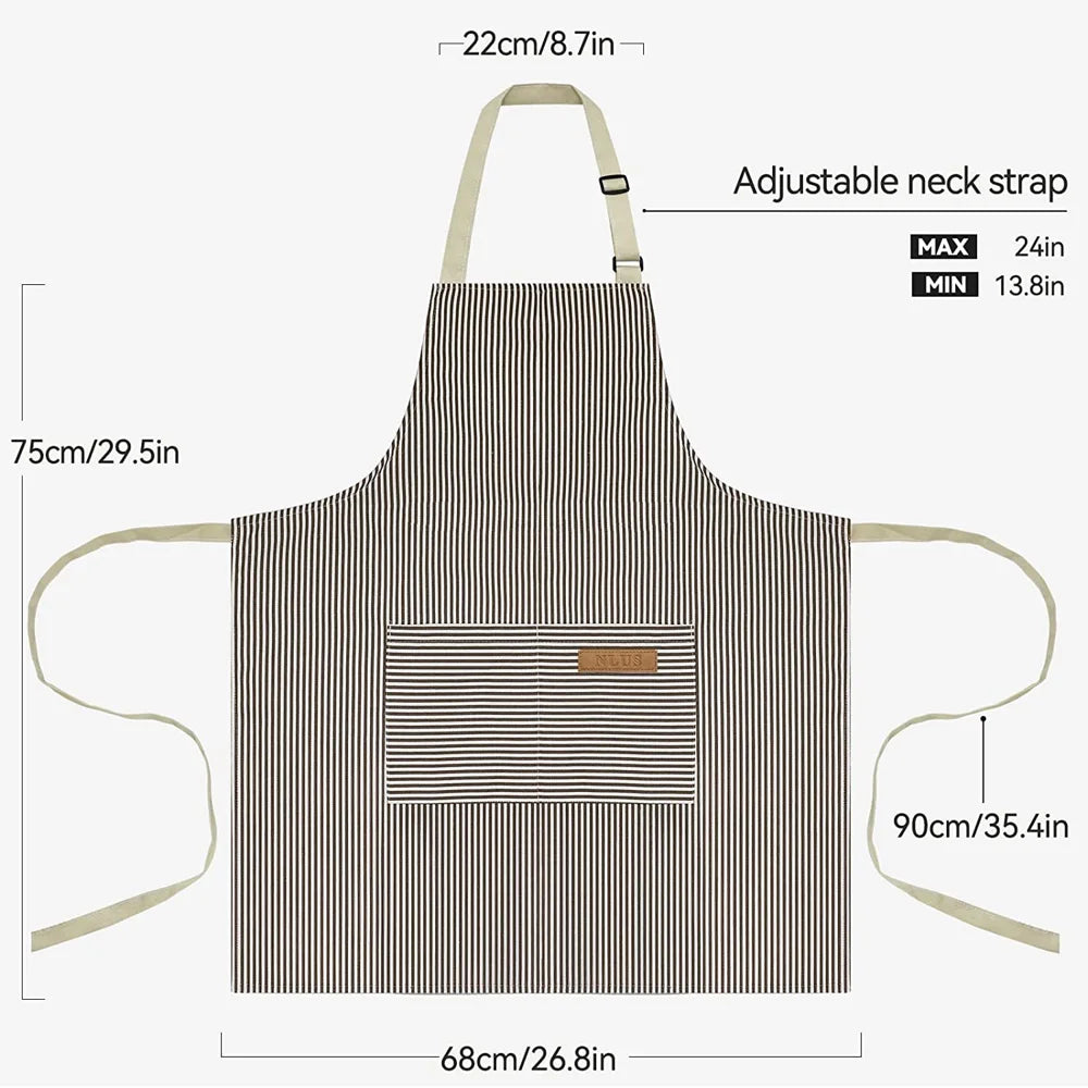 Adjustable Striped Halter Neck Apron with 2 Pockets for Kitchen Restaurant Gardening Cafe - Black Thin Stripe - 7