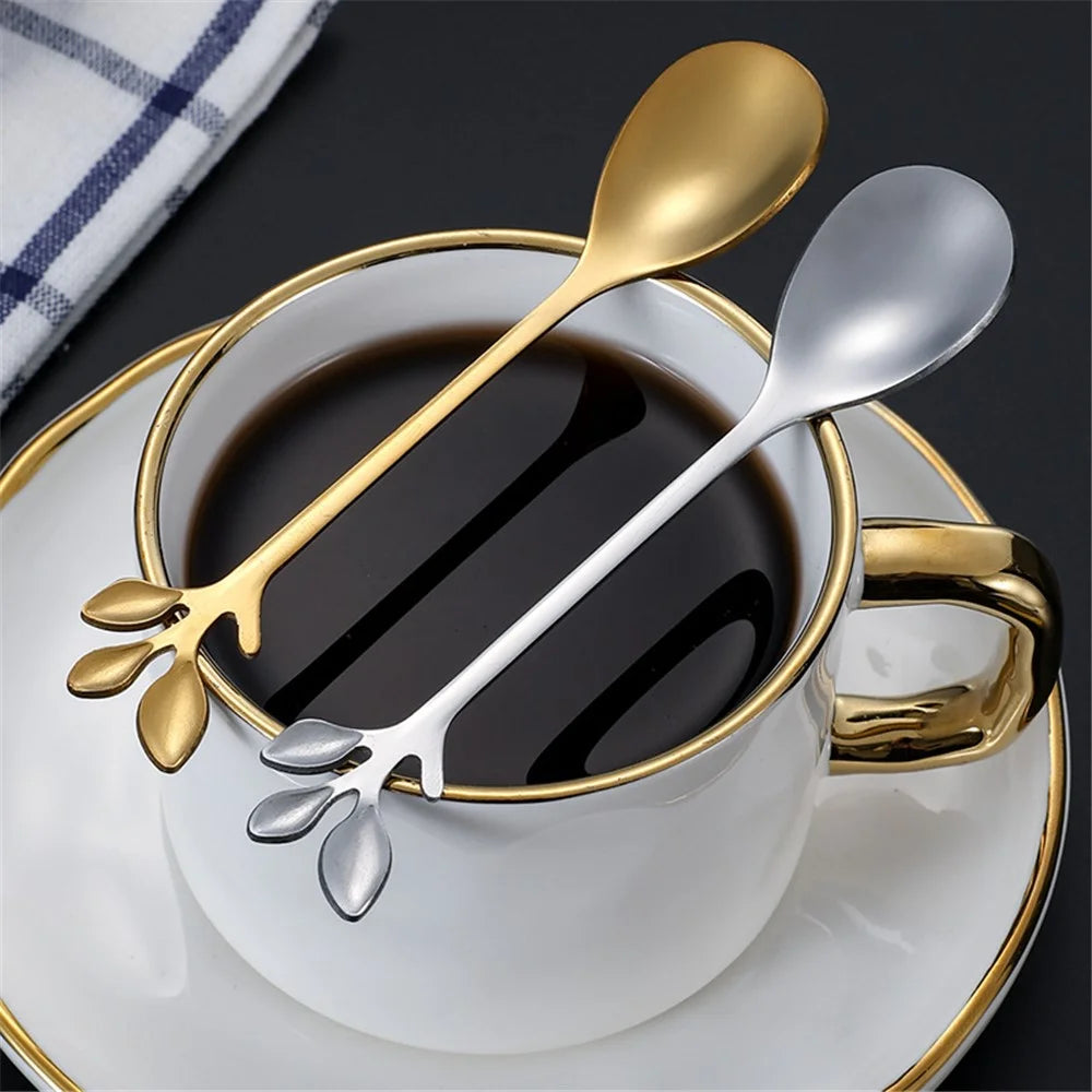 6PCS / Set Stainless Steel Leaf Shape Silver Dessert Spoons for Coffee Ice Cream Cake Teaspoon Set - Green - 3