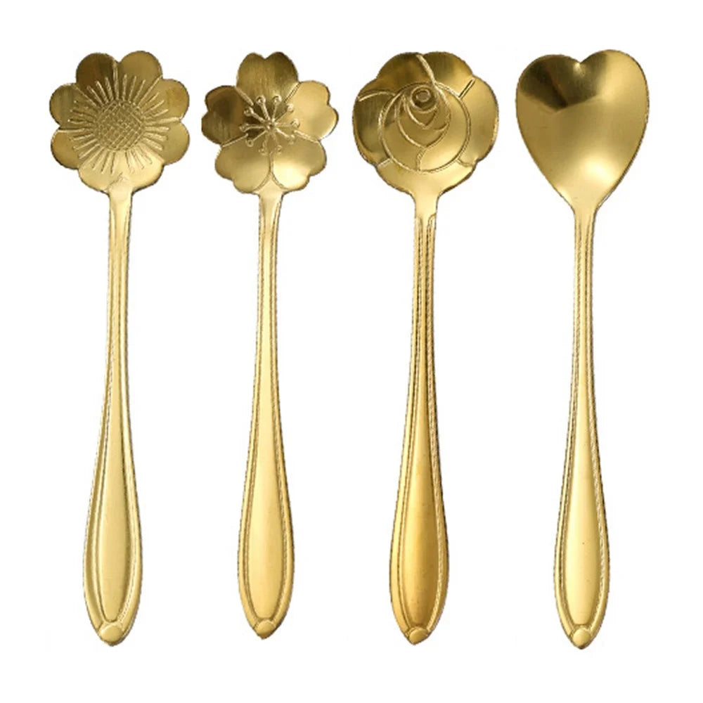4PCS / Set 12.4-12.6cm Stainless Steel Flower Shape Spoons Coffee Mixing Ice Cream Dessert Spoons - Green  /  Gold - 2