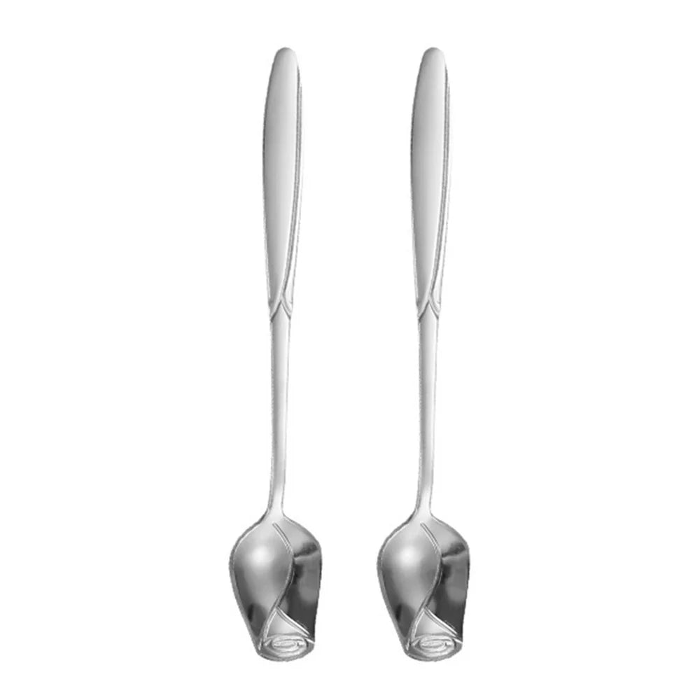 2Pcs Rose Flower Spoon Set Stainless Steel Stirring Spoon Ice Cream Spoon, Silver (BPA Free, No FDA) - 13.2x2.2cm - 1