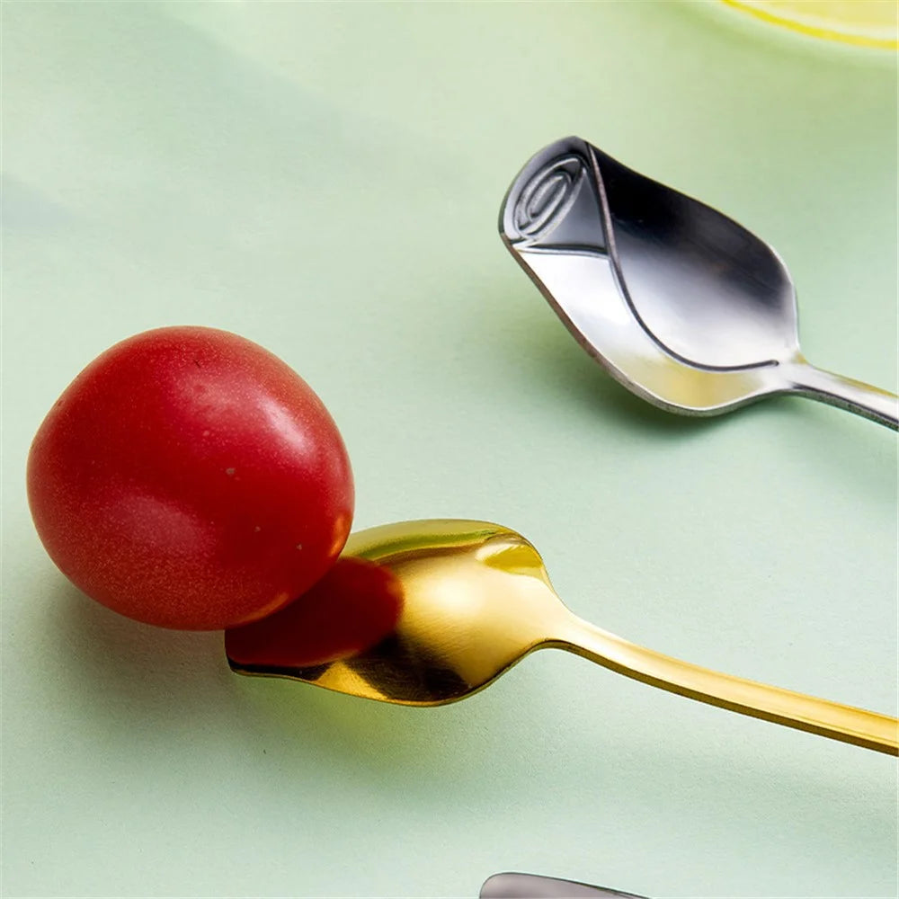 2Pcs Rose Flower Spoon Set Stainless Steel Stirring Spoon Ice Cream Spoon, Silver (BPA Free, No FDA) - 13.2x2.2cm - 2