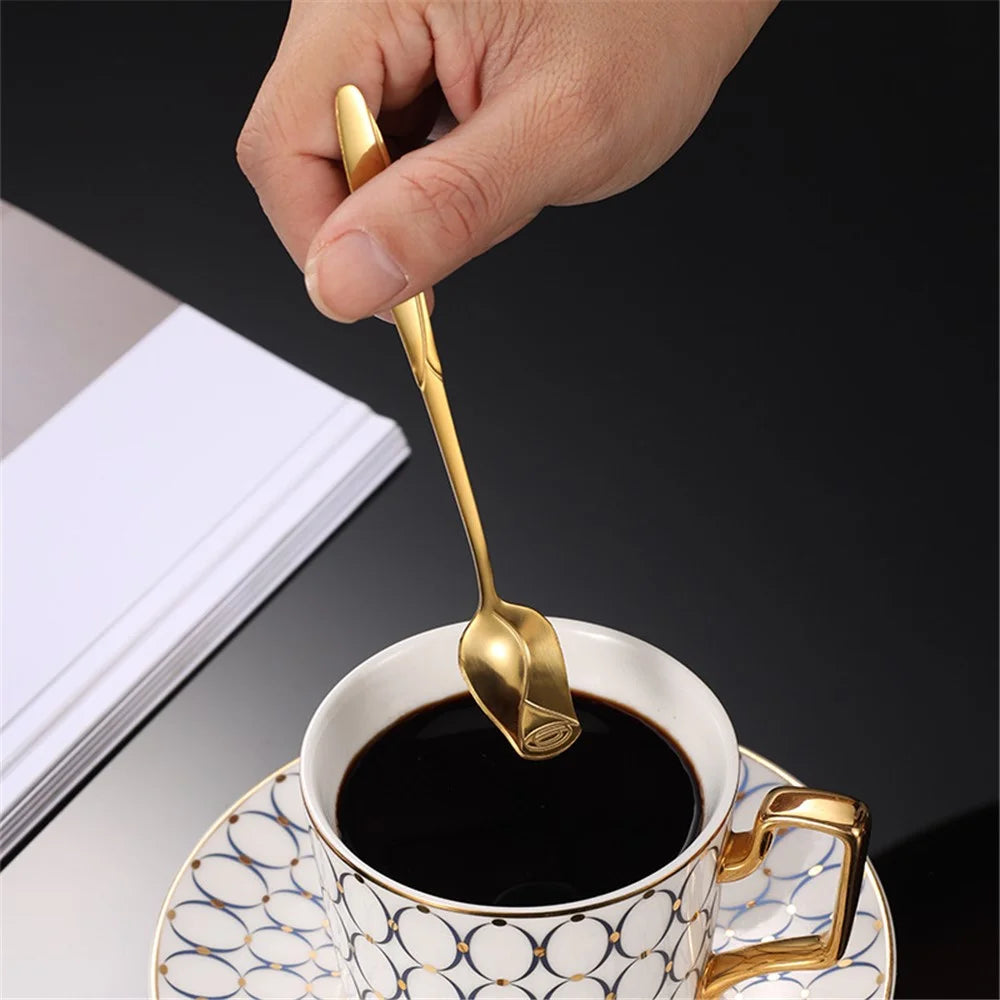 2Pcs Ice Cream Spoon Rose Flower Spoon Set Stainless Steel Stirring Spoon, Gold (BPA Free, No FDA) - 13.2x2.2cm - 2