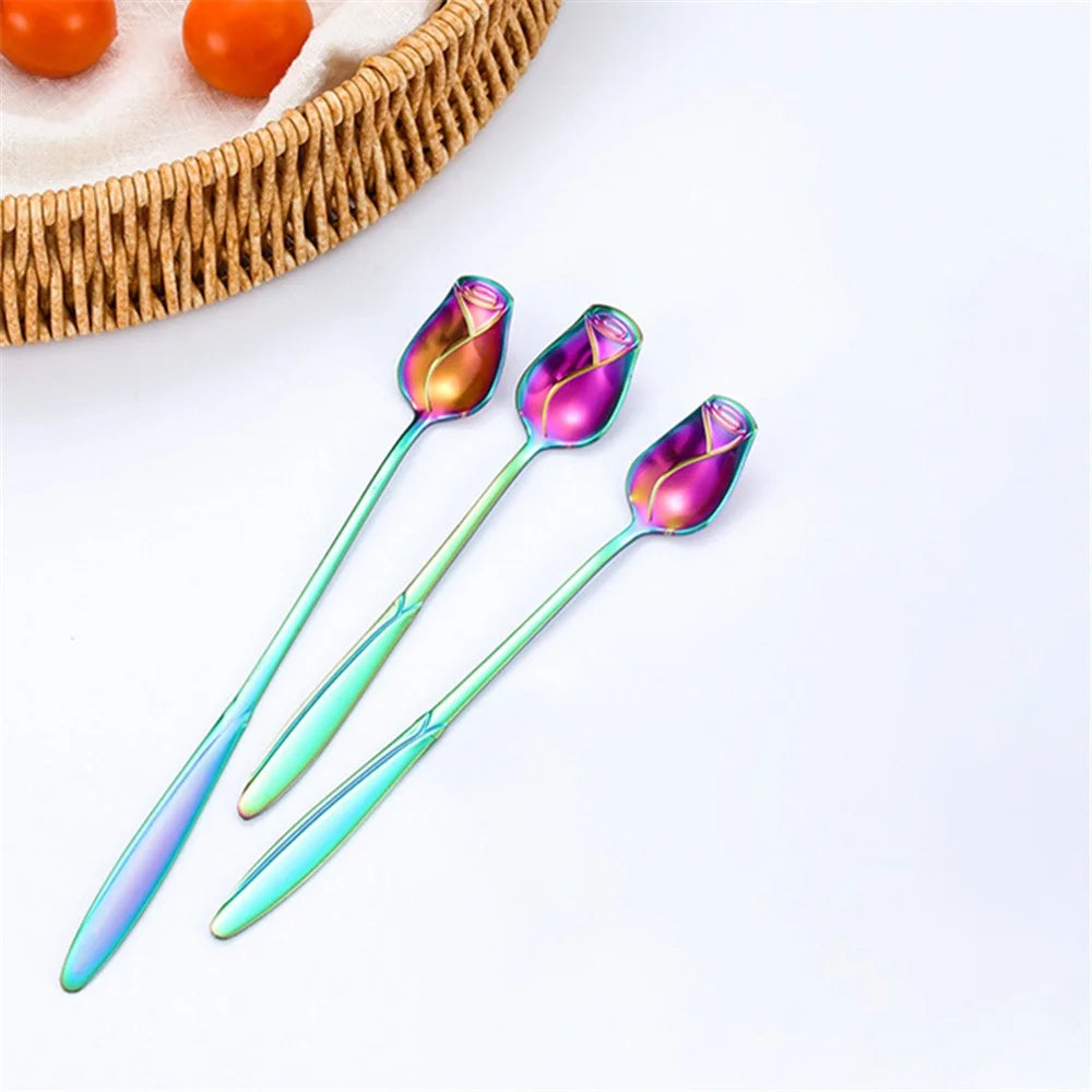 2Pcs Rose Flower Stirring Spoon Set Stainless Steel Ice Cream Spoon, Multi-color (BPA Free, No FDA) - 13.2x2.2cm - 2