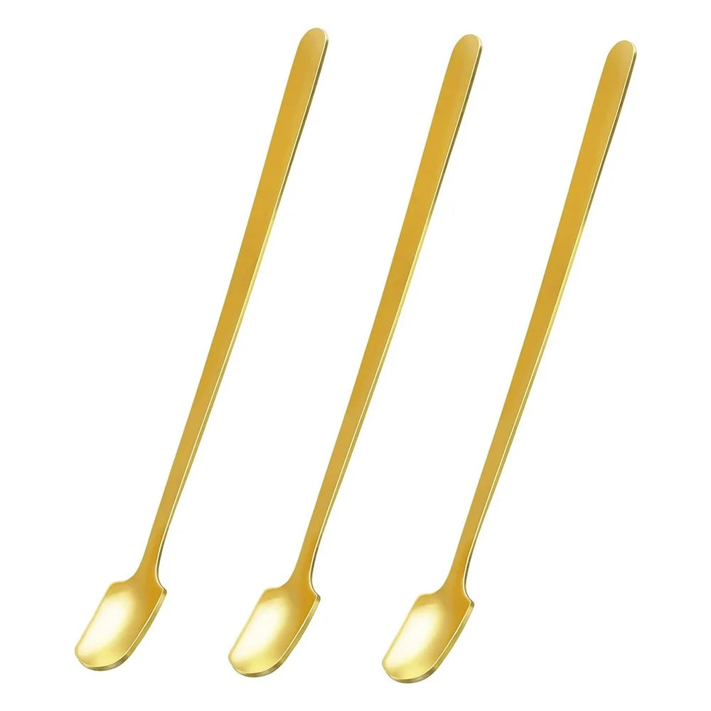 3Pcs 13.2cm Stainless Steel Square Head Stirring Spoon Long Handle Dessert Spoon, Gold (BPA Free, No FDA) - 1