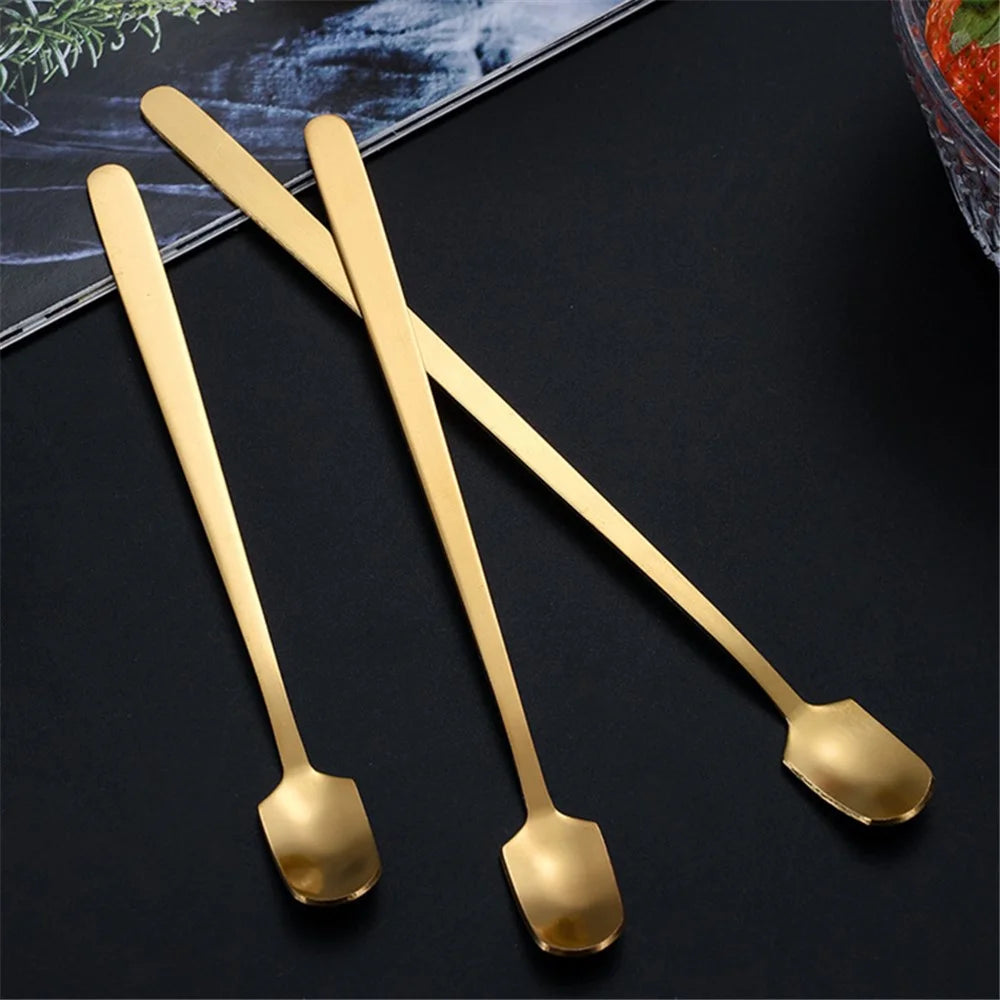 3Pcs 16.8cm Square Head Stirring Spoon Long Handle Stainless Steel Dessert Spoon, Gold (BPA Free, No FDA) - 6