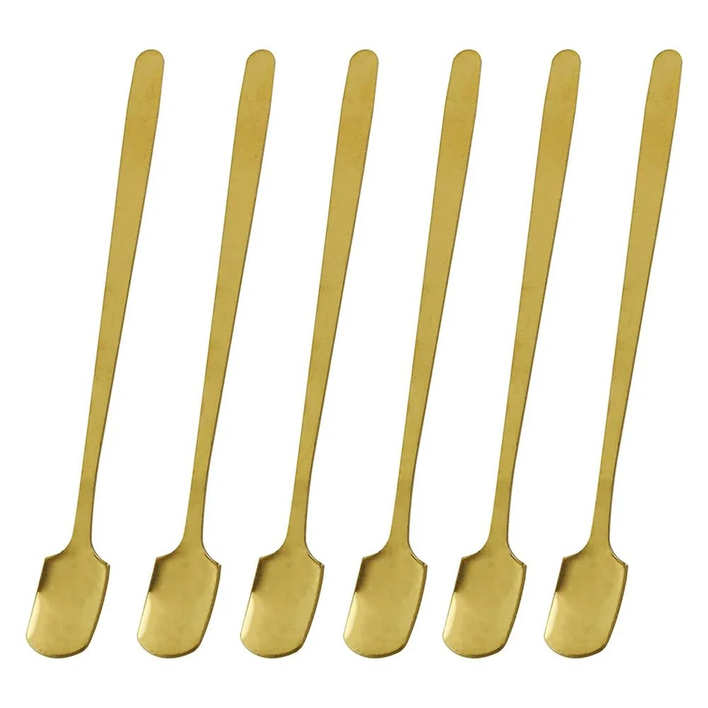 6Pcs 13.2cm Stainless Steel Square Head Spoon Long Handle Coffee Spoon, Gold (BPA Free, No FDA) - 1