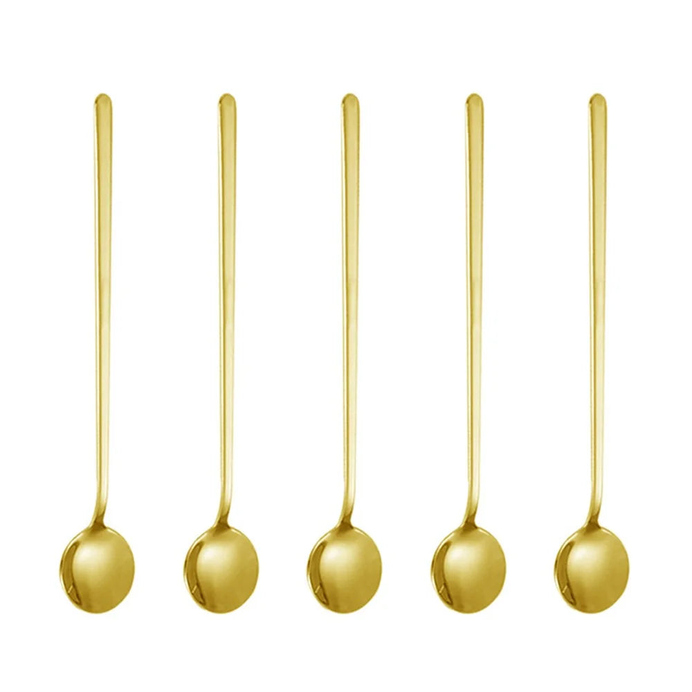 5Pcs 17.3cm Round Spoon Long Handle Stainless Steel Coffee Spoon, Gold (BPA Free, No FDA) - 1