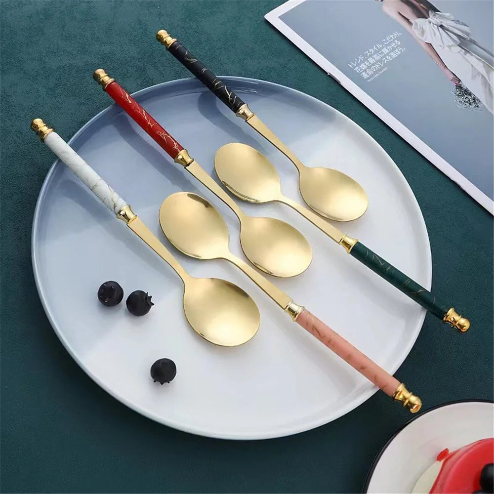 2Pcs Imitation Ceramic Handle Spoon Stainless Steel Soup Dessert Spoon (BPA Free, No FDA Certificate) - Red - 7