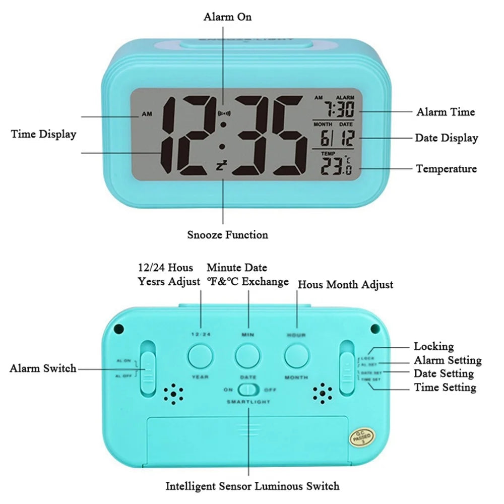 Battery Powered Digital LED Backlight Alarm Clock with Date Temperature Display - Black - 7