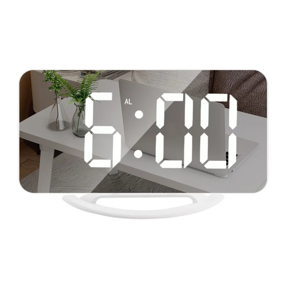 TS-8201 LED Mirror Digital Display Desk Clock Desktop Makeup Mirror Automatic Photosensitive Electronic Alarm Clock - White/White LED Display - 2