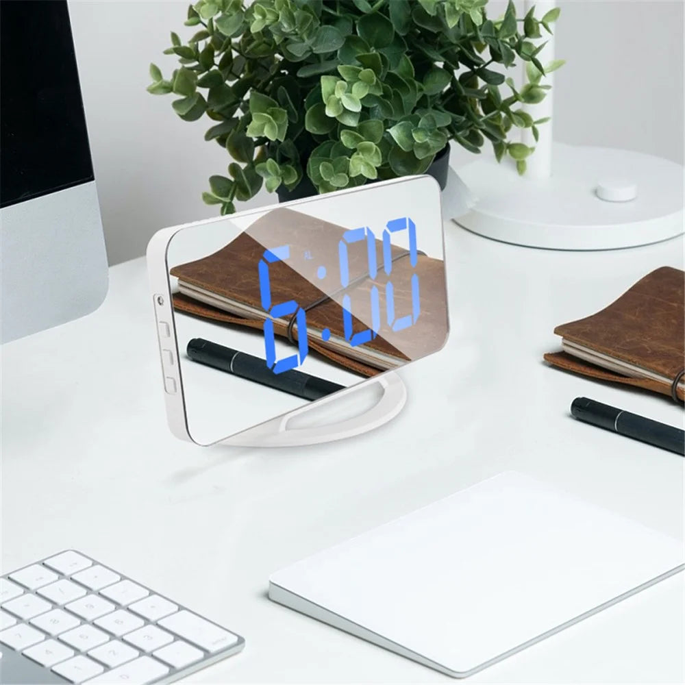 TS-8201 LED Mirror Digital Display Desk Clock Desktop Makeup Mirror Automatic Photosensitive Electronic Alarm Clock - White/White LED Display - 6