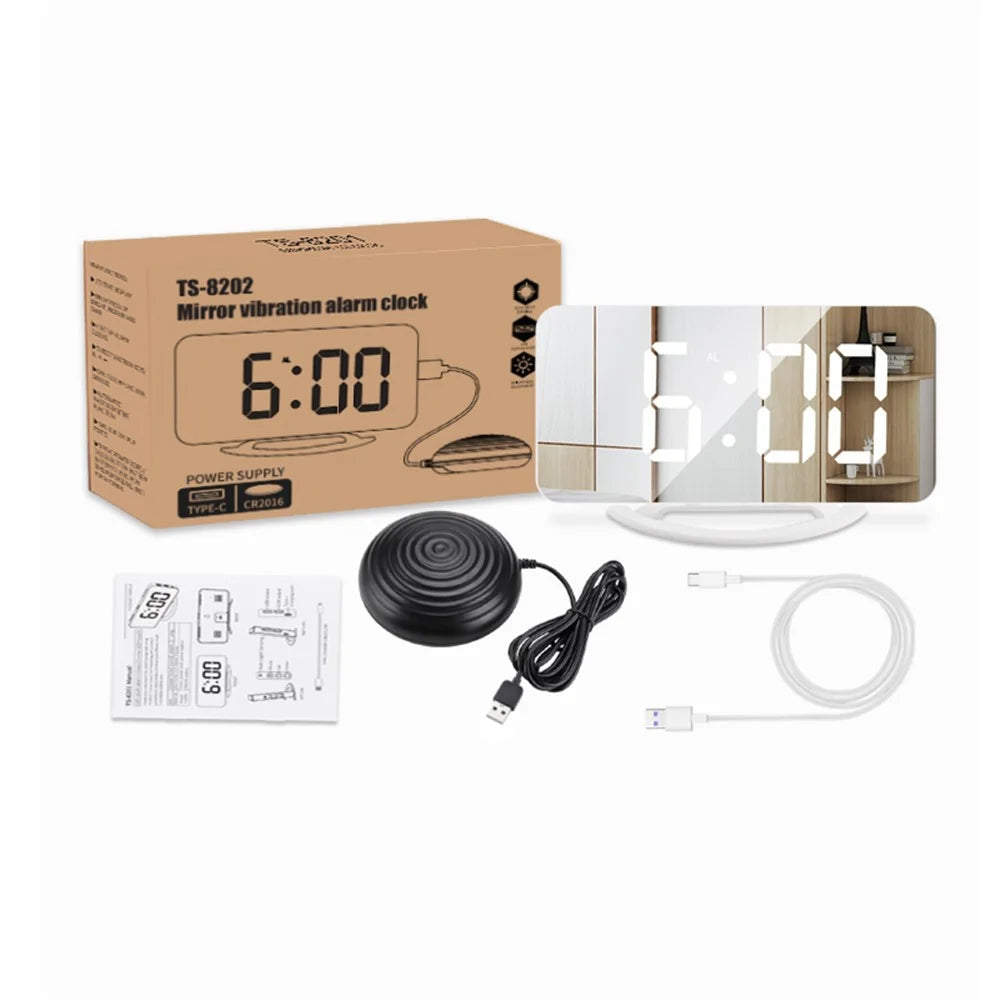 TS-8202 Digital Clock Large Display LED Electric Alarm Clock Vibration Design Mirror Surface Diming Mode 3 Levels Brightness USB Rechargeable Modern Decoration for Home Bedroom Office - 7