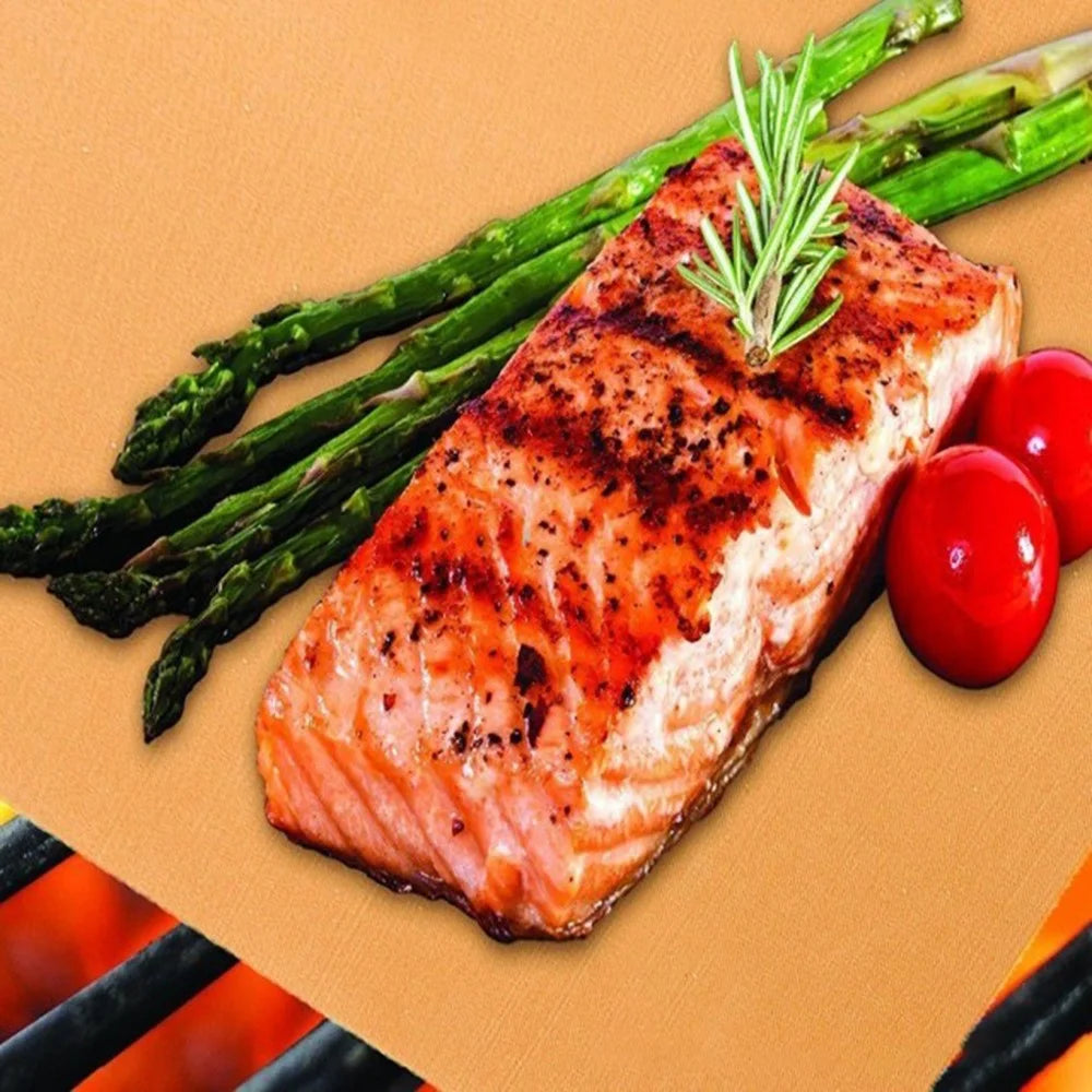 2PCS Non-Stick Reusable Charcoal Electric Grill Mats Outdoor BBQ Grill Mats Baking Mats Easy to Clean (BPA-Free, FDA Certified), Bronze - 2