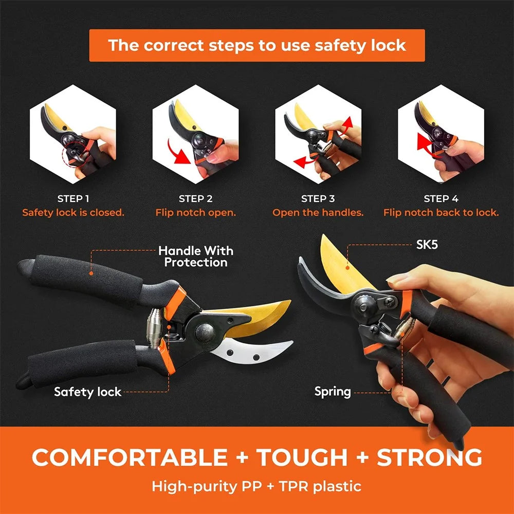 Professional Gardening Branch Pruning Shears Pruner Garden Clippers Hedge Shears Hand Tool with Safety Lock - 5