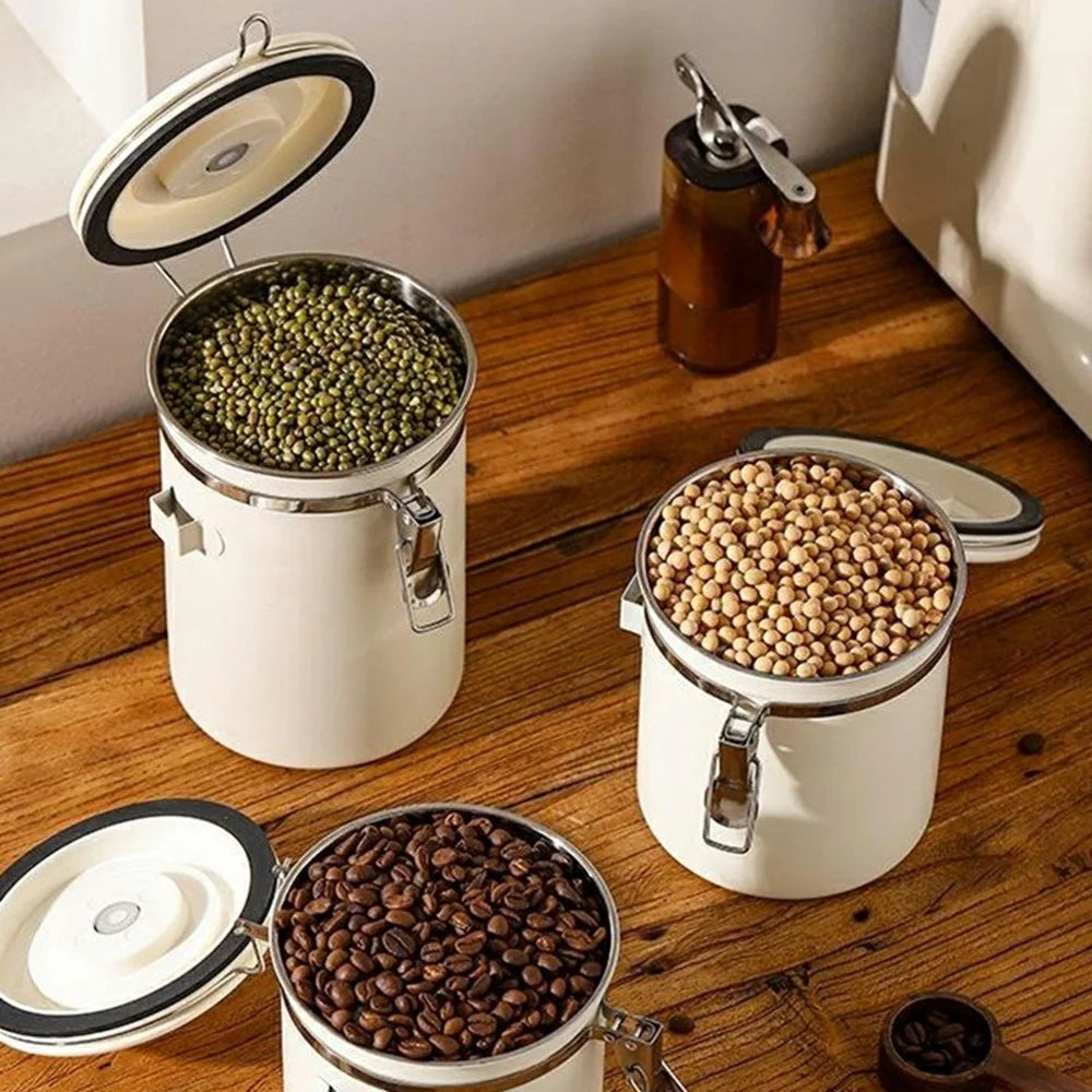 304 Stainless Steel Coffee Canister 1.8L Food Storage Container with Date Tracker, Scoop for Coffee, Beans - White - 5