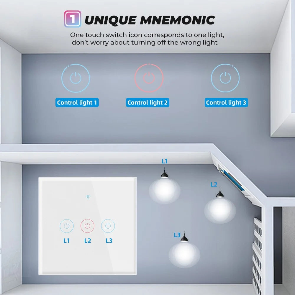 SMATRUL TMW401 Tuya WiFi 433MHZ Wireless Touch Wall Switch for Google Home Alexa EU Plug, 3 Gang WiFi - White - 3