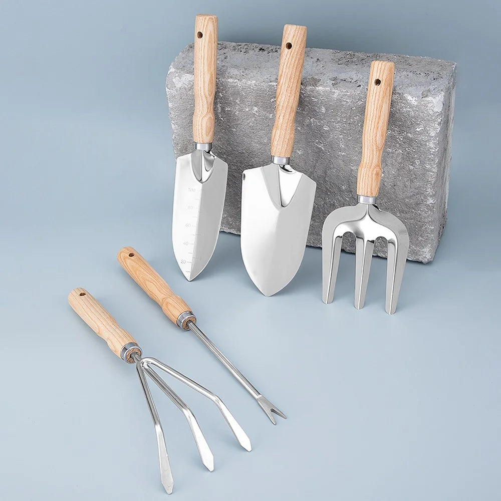 5Pcs Stainless Steel Gardening Tool Wooden Handle Fork Shovel Rake Set - 2