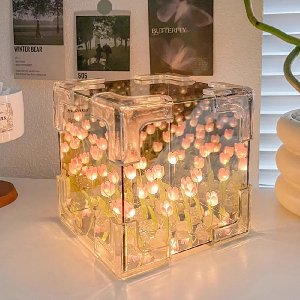 Romantic Tulip Mirror Lamp DIY Cube Shape Tulip Night Light Bedroom Decor, 30 Tulips / Battery Powered - Pink - 1