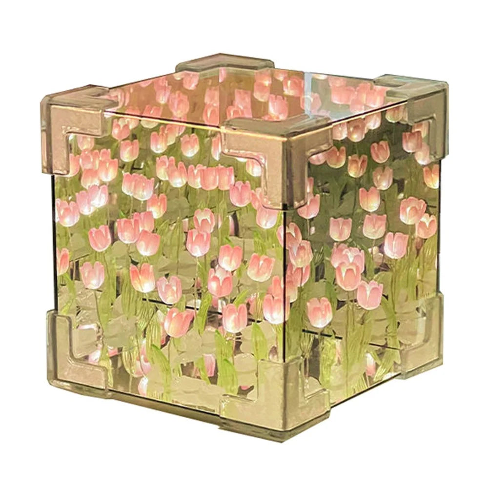 Romantic Tulip Mirror Lamp DIY Cube Shape Tulip Night Light Bedroom Decor, 30 Tulips / Battery Powered - Pink - 2