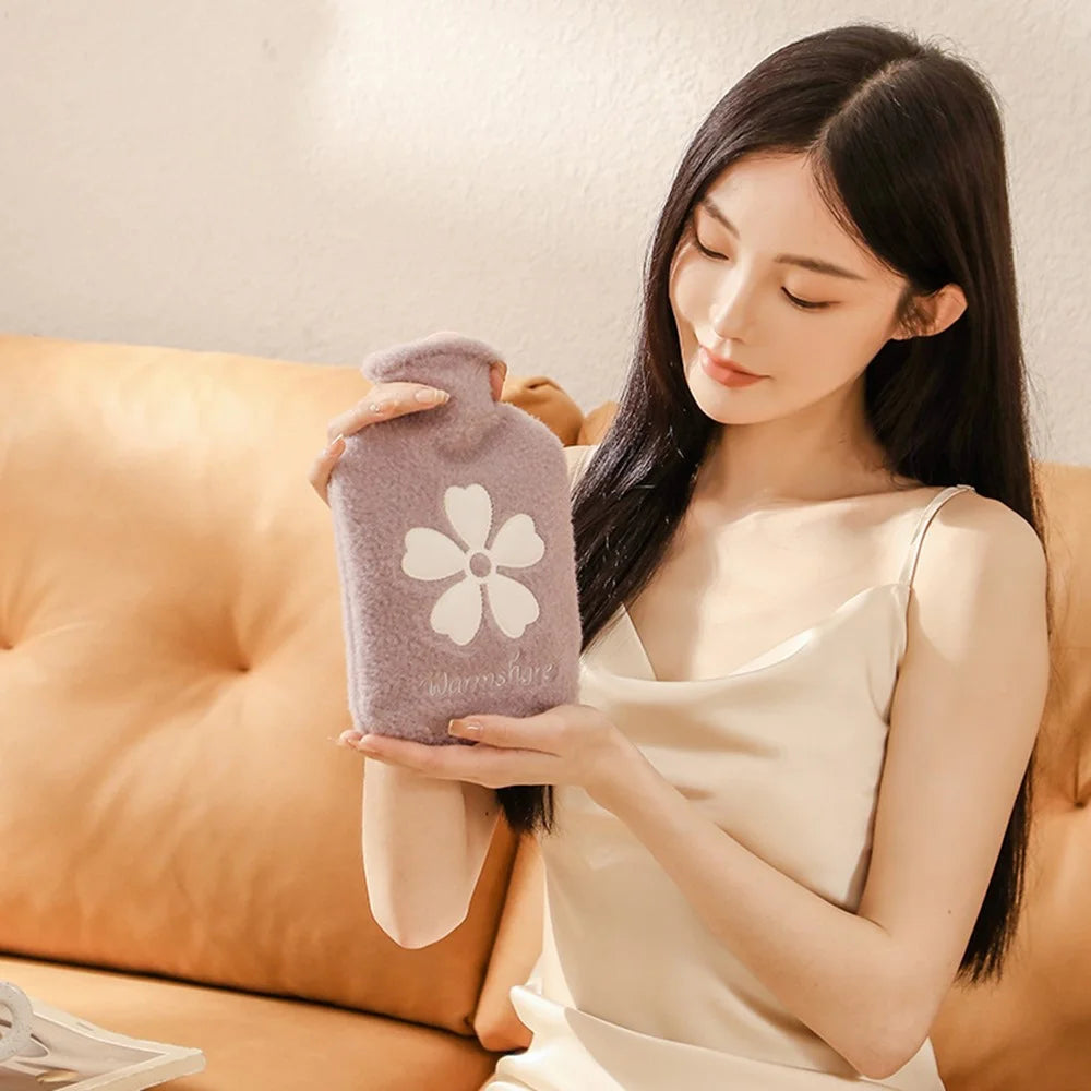 500ML Refillable Hot Water Bag Winter Hand Feet Warmer with Flower Pattern Fleece Cover - Purple - 2