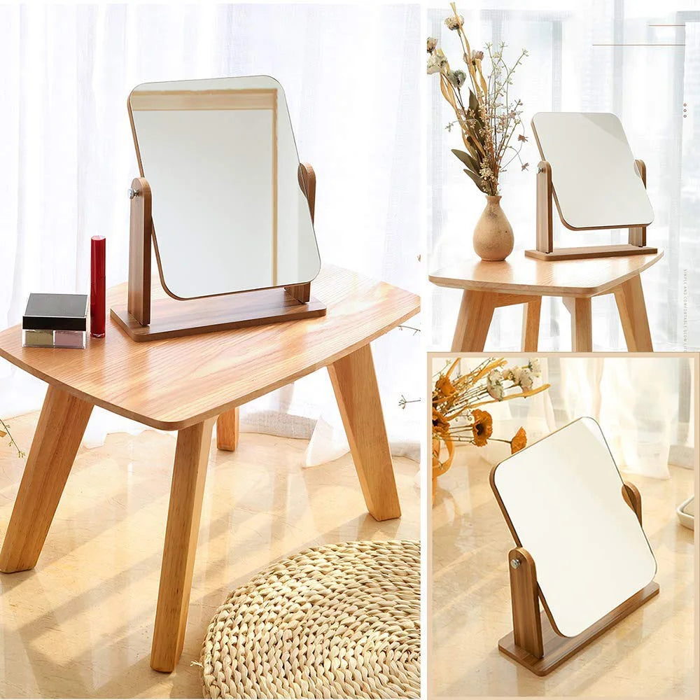 360 Degree Rotating Vanity Mirror with Wooden Base Vintage Desktop Makeup Mirror Size S - 2