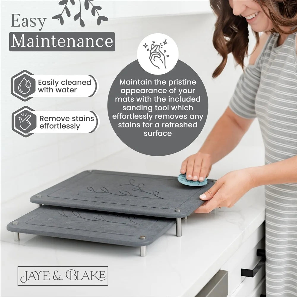 2Pcs / Set Nesting Dish Drying Mat Diatomite Kitchen Countertop Absorbent Draining Shelf - Leaves - 4
