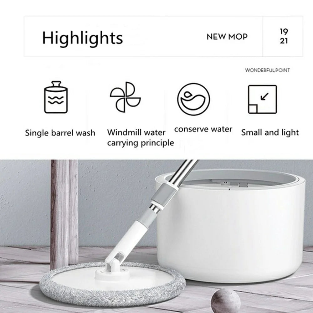 Rotating Single Bucket Spin Mop Set with 1 Mop Cloth Household Cleaning Tool Lazy Floor Mop - White - 2