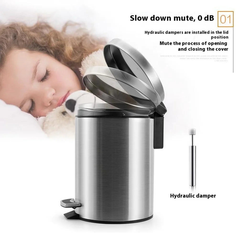 12L Round Stainless Steel Garbage Can Home Hotel Office Stylish Waste Container with Pedal - Steel Color - 3