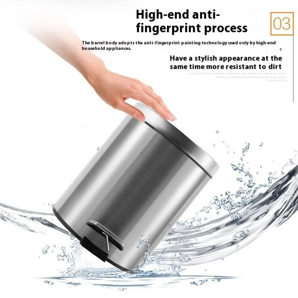 12L Round Stainless Steel Garbage Can Home Hotel Office Stylish Waste Container with Pedal - Steel Color - 5