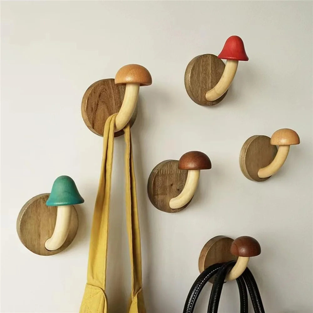 4Pcs Wooden Mushroom Wall Hooks Coat Hangers Door Wall Screw Installation Storage Hooks - 3