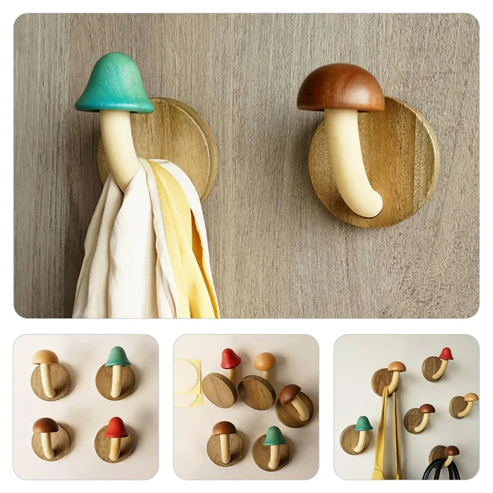 4Pcs Wooden Mushroom Wall Hooks Coat Hangers Door Wall Screw Installation Storage Hooks - 5