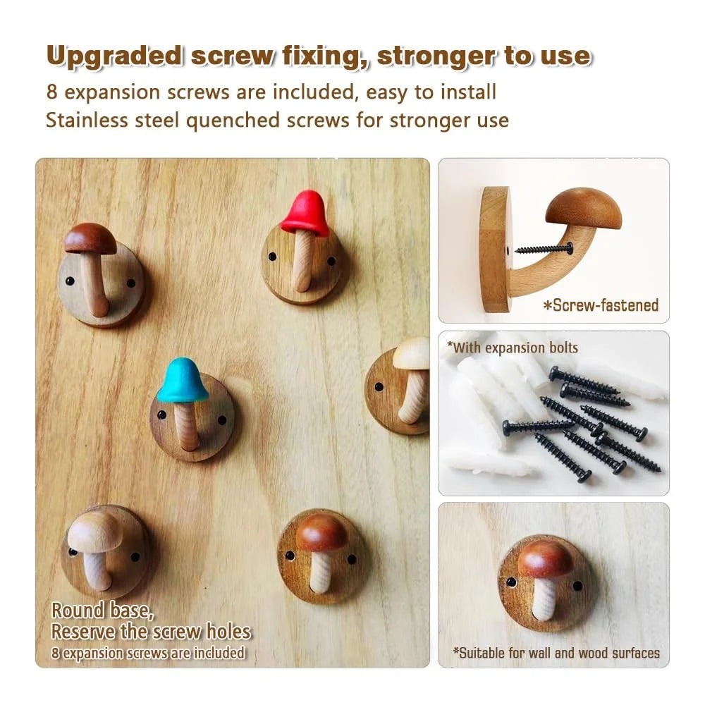 4Pcs Wooden Mushroom Wall Hooks Coat Hangers Door Wall Screw Installation Storage Hooks - 6