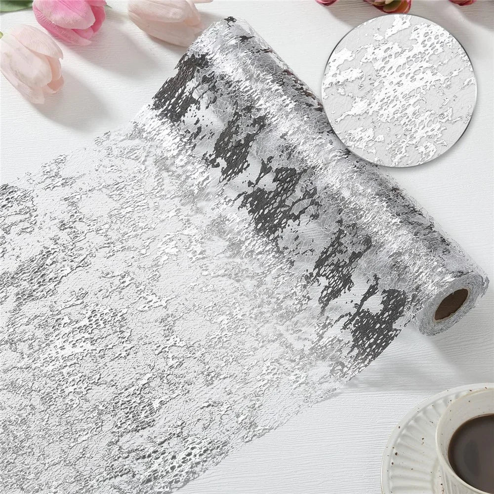 28x275cm Hot Stamping Foil Table Runner Holiday Party Wedding Decor Polyester Mesh Table Flag - Silver - 1