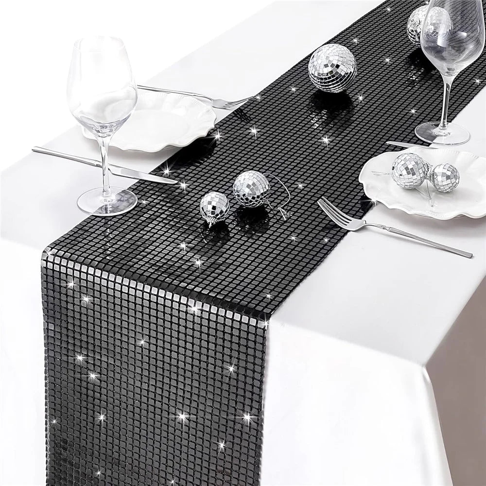 30x180cm Disco Mirror Sequin Plaid Table Runner European Wedding Party New Year Decor Tablet Flag - Black - 1