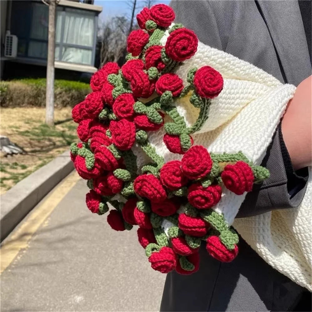 80cm Diameter 50 Flowers Round Blanket Soft Yarn Crochet 3D Floral Bouquet Blanket - Roman Red Rose + White Blanket - 2