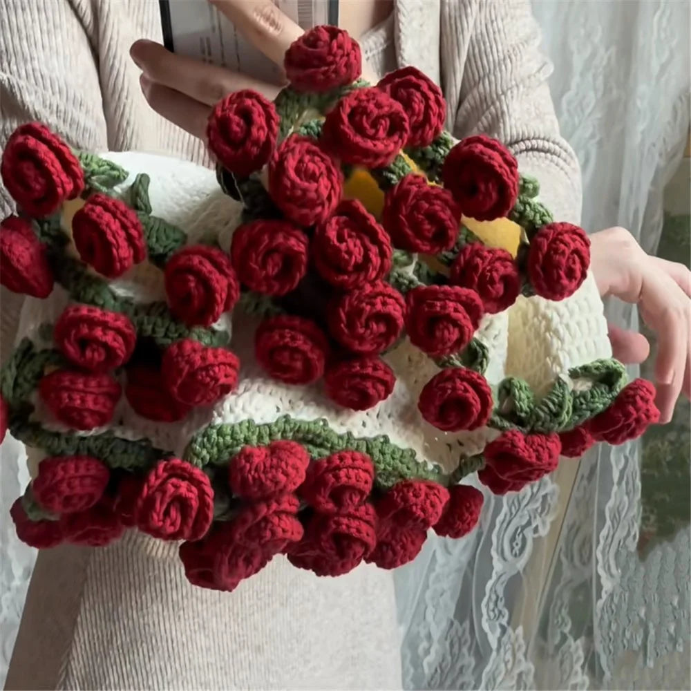 110cm Diameter 60 Flowers Round Blanket Soft Yarn Crochet 3D Floral Bouquet Blanket - Roman Red Rose + White Blanket - 1