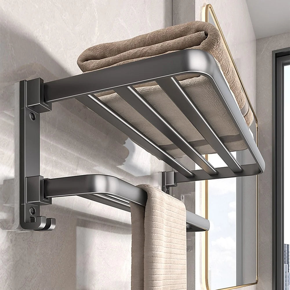 40cm Folding Wall Mounted Towel Holder Bathroom Metal Storage Rack Punching Free for Washroom / Toilet - 2