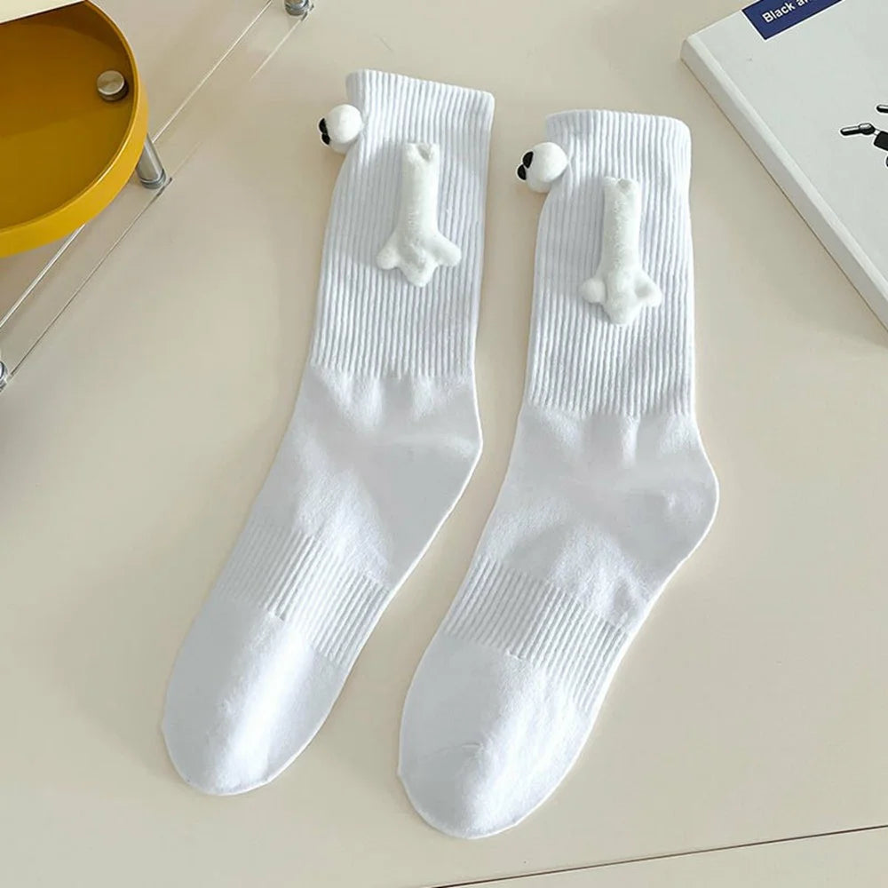 Thin Cotton Couple Socks Summer Magnetic Attraction Cute Holding Hands Mid Calf Socks - Three-Dimensional White - 2
