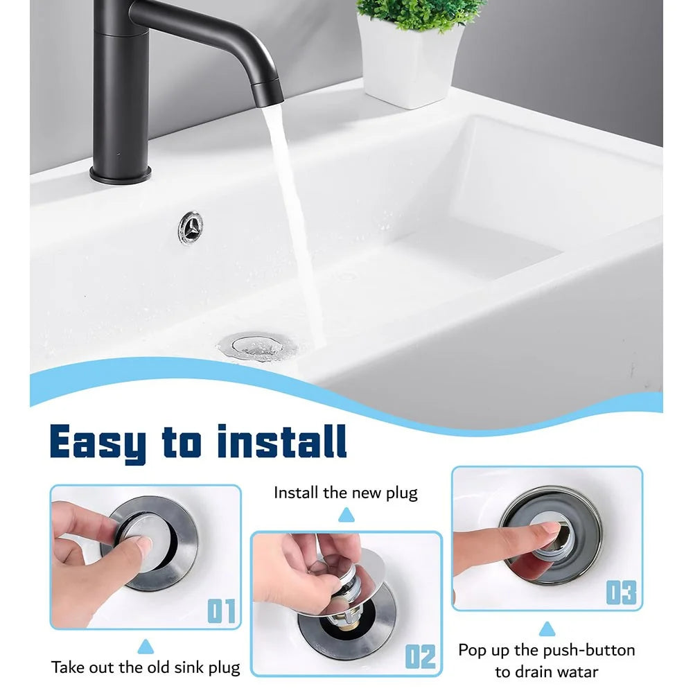 Sink Drain Stopper Bathroom Basin Universal Push Button Pop Up Plug Anti Clog Hair Catcher - Matte Black - 6