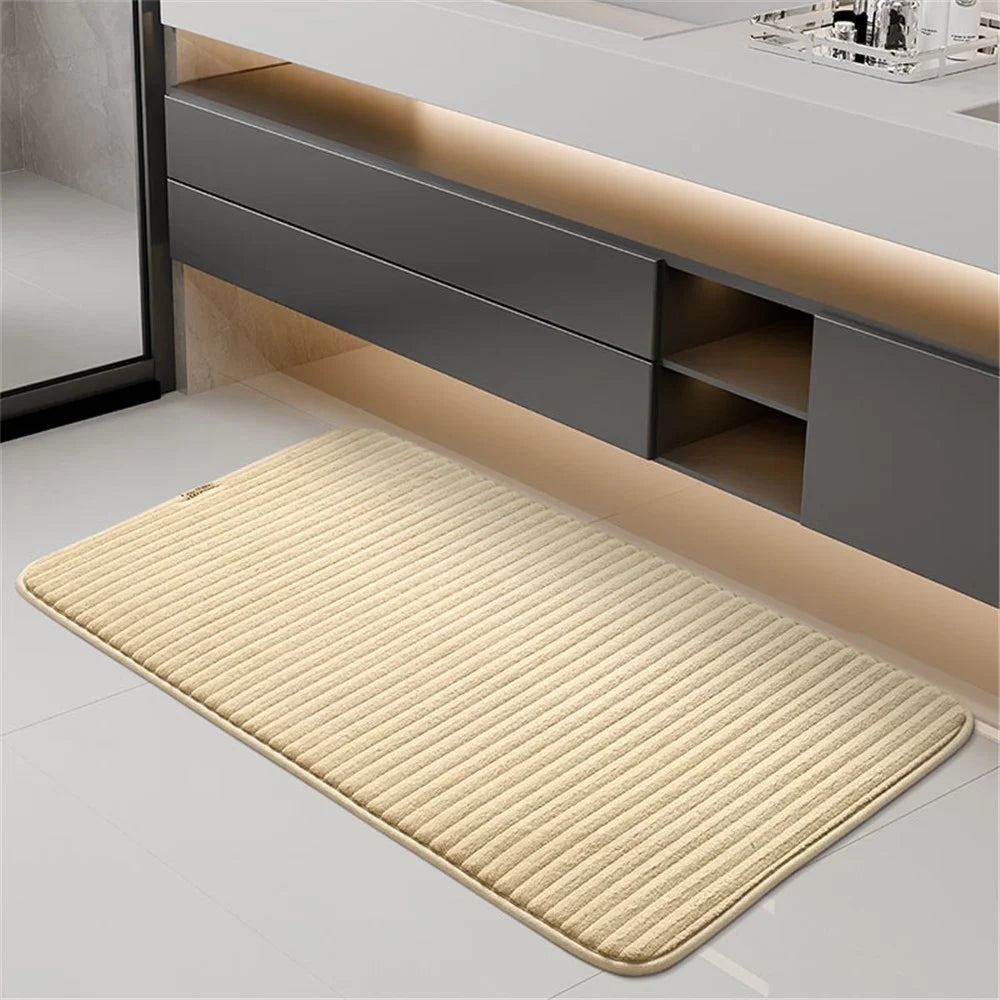 40 x 60cm Striped Solid Color Bathroom Absorbent Mat Non Slip Flannel Doormat for Entrance - Beige - 2