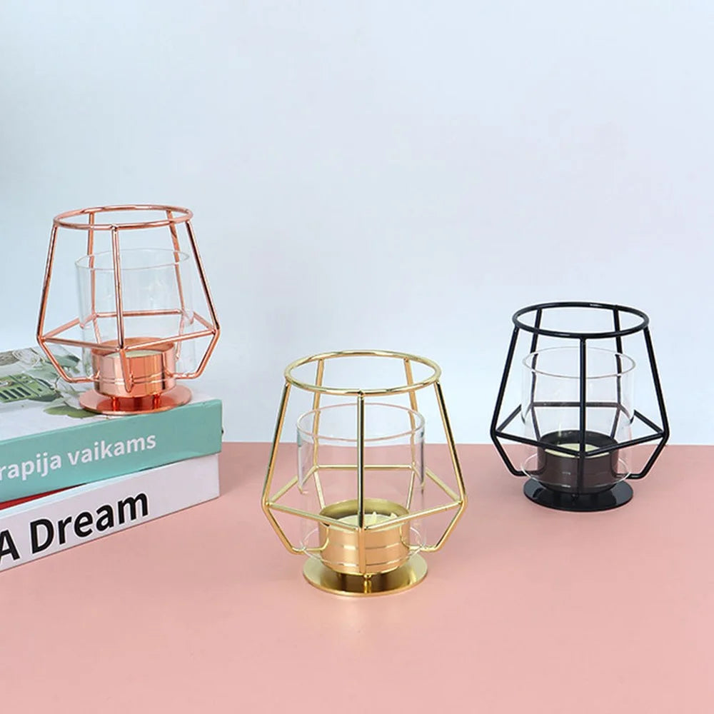 Modern Metal Candle Holder with Glass Cover Table Small Ornament Romantic Candle Cup - Black - 4