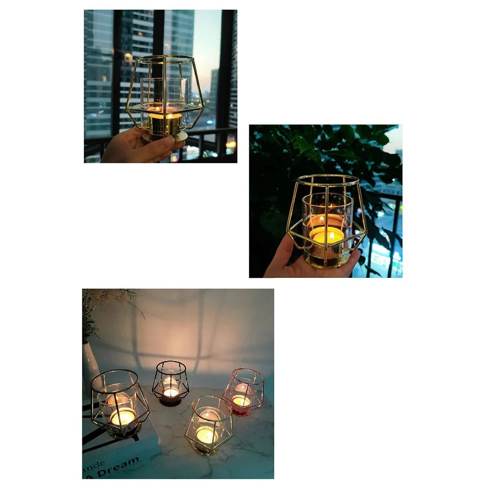Modern Metal Candle Holder with Glass Cover Table Small Ornament Romantic Candle Cup - Black - 5