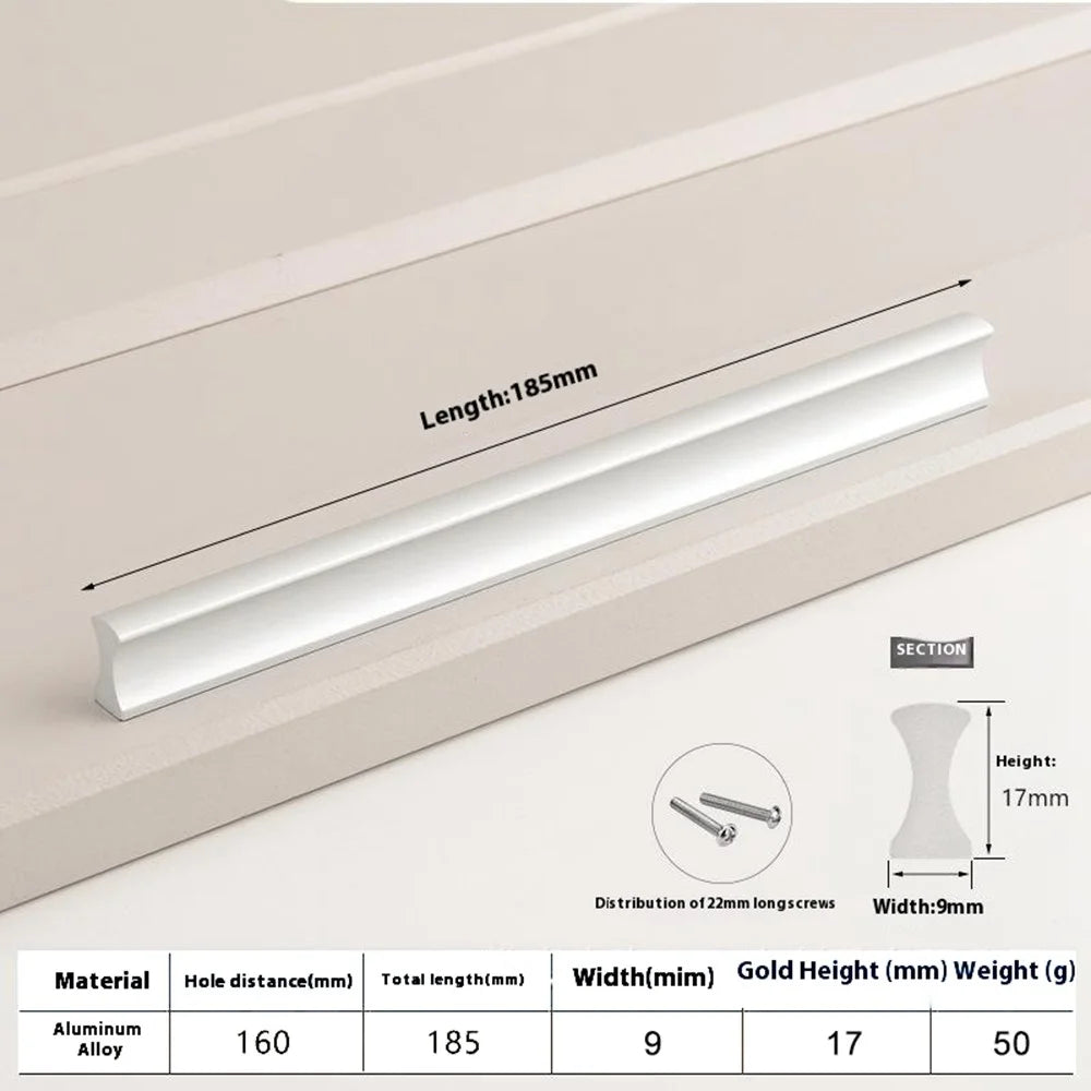 Drawer Pull 160mm Hole Center, 185mm Length Aluminum Alloy Kitchen Cabinet Handle Furniture Hardware - Matte Silver - 2