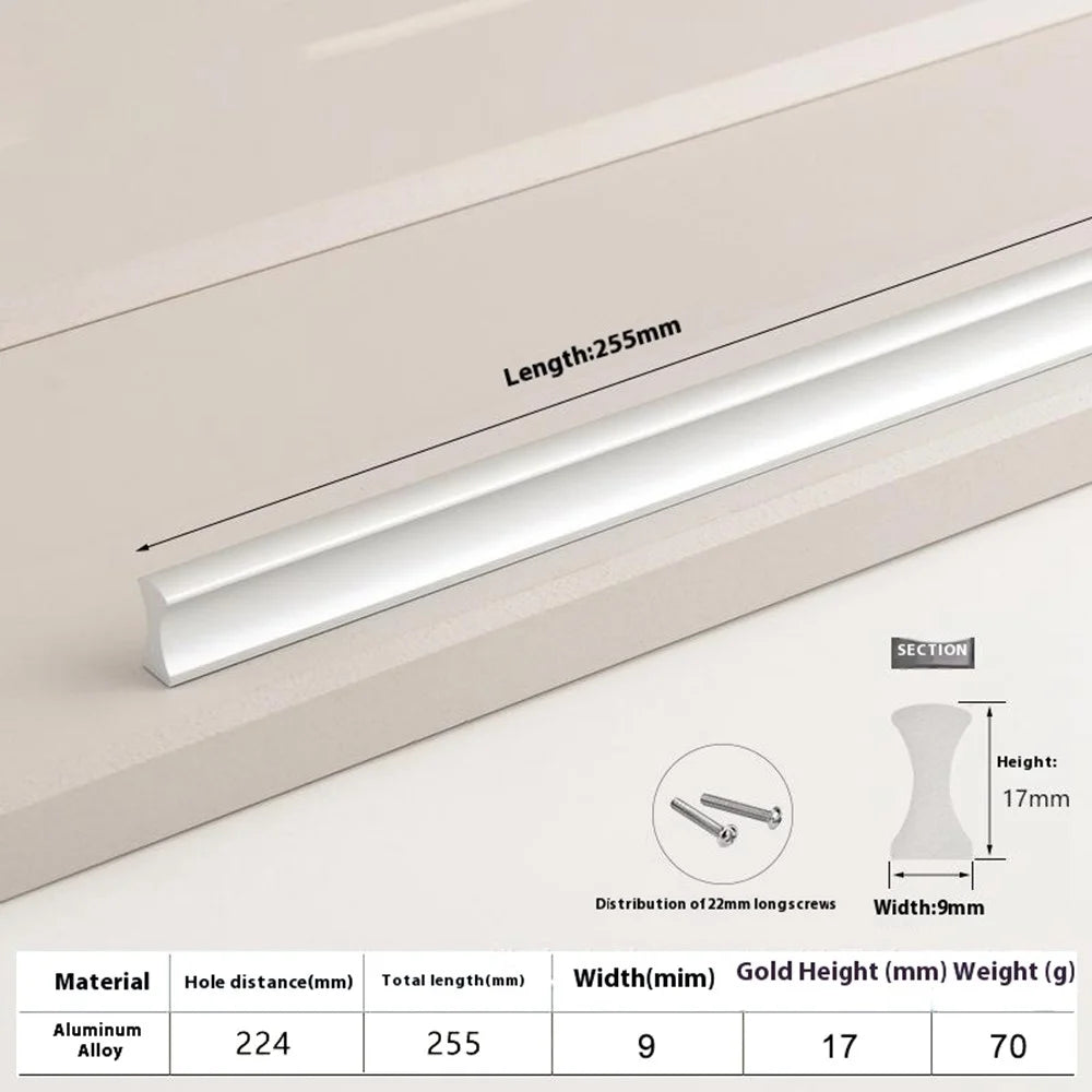 Drawer Pull 224mm Hole Center, 255mm Length Aluminum Alloy Kitchen Cabinet Handle Furniture Hardware - Matte Silver - 2