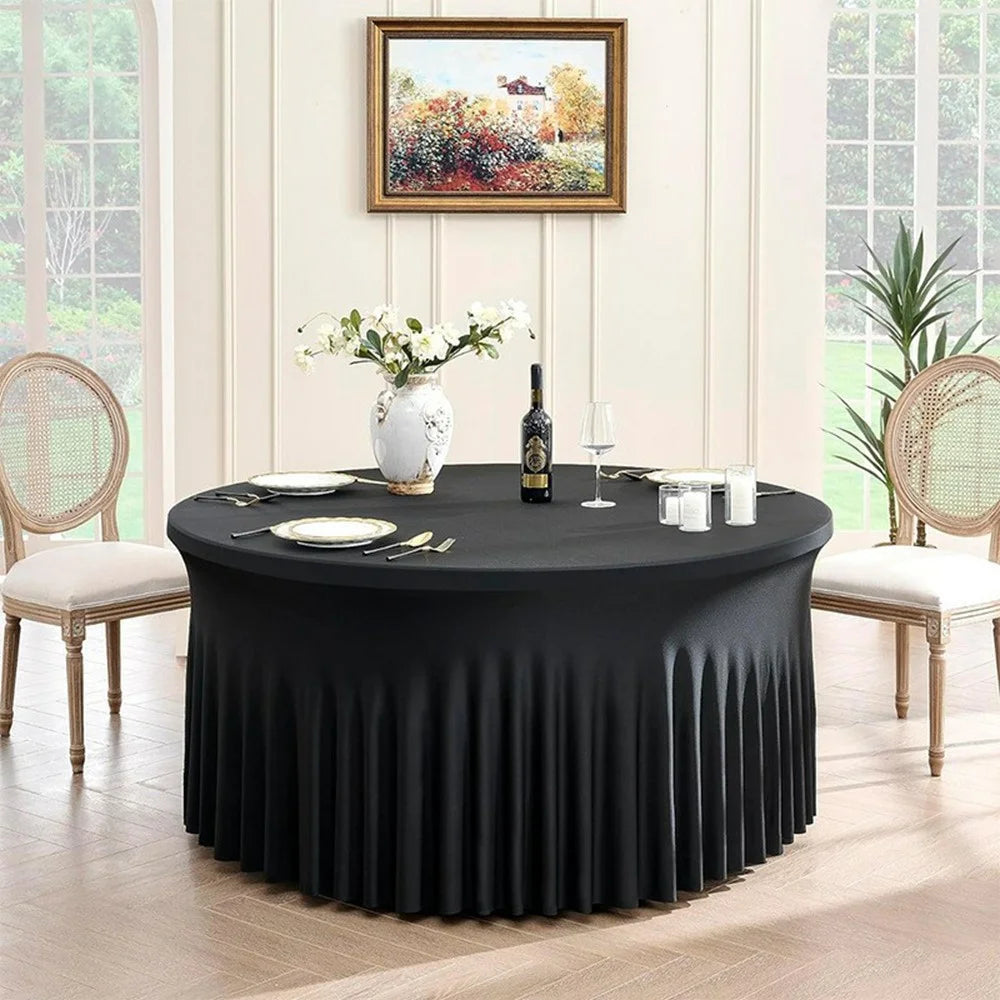 5ft Round Table Skirt Solid Color Elastic Tablecloth Cover Wedding Banquet Party Decoration - Black - 2