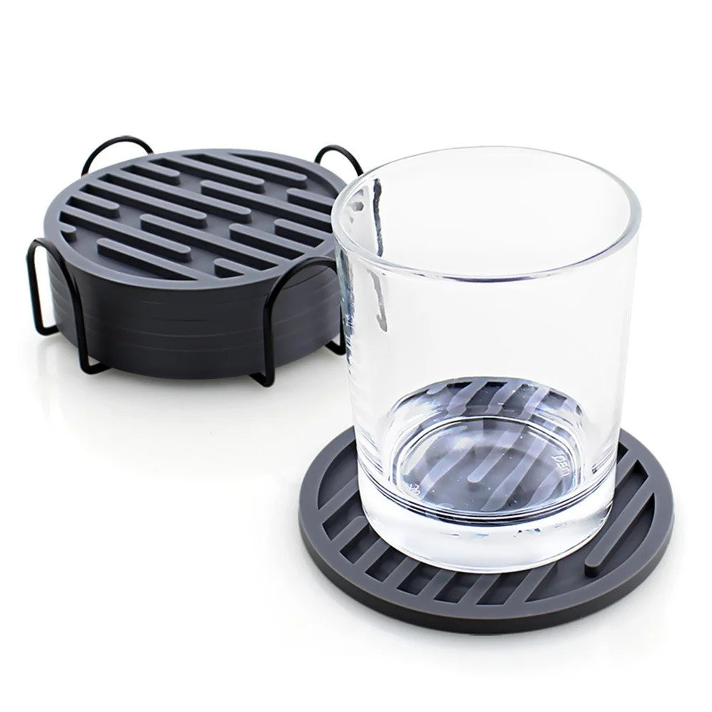 6Pcs Silicone Coasters Set with Metal Holder 10cm Round Draining Heat Resistant Non-Slip Mats - Pentagon / Bean Green - 4