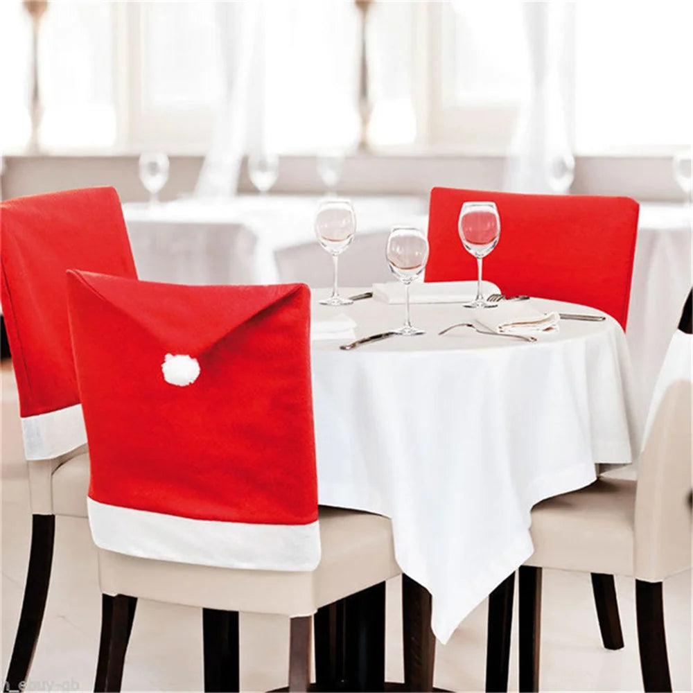 SDYT003 6Pcs / Set Christmas Chair Cover Santa Claus Hat Dining Chair Cover Cap Slipcover Home Kitchen Table Decor - 4
