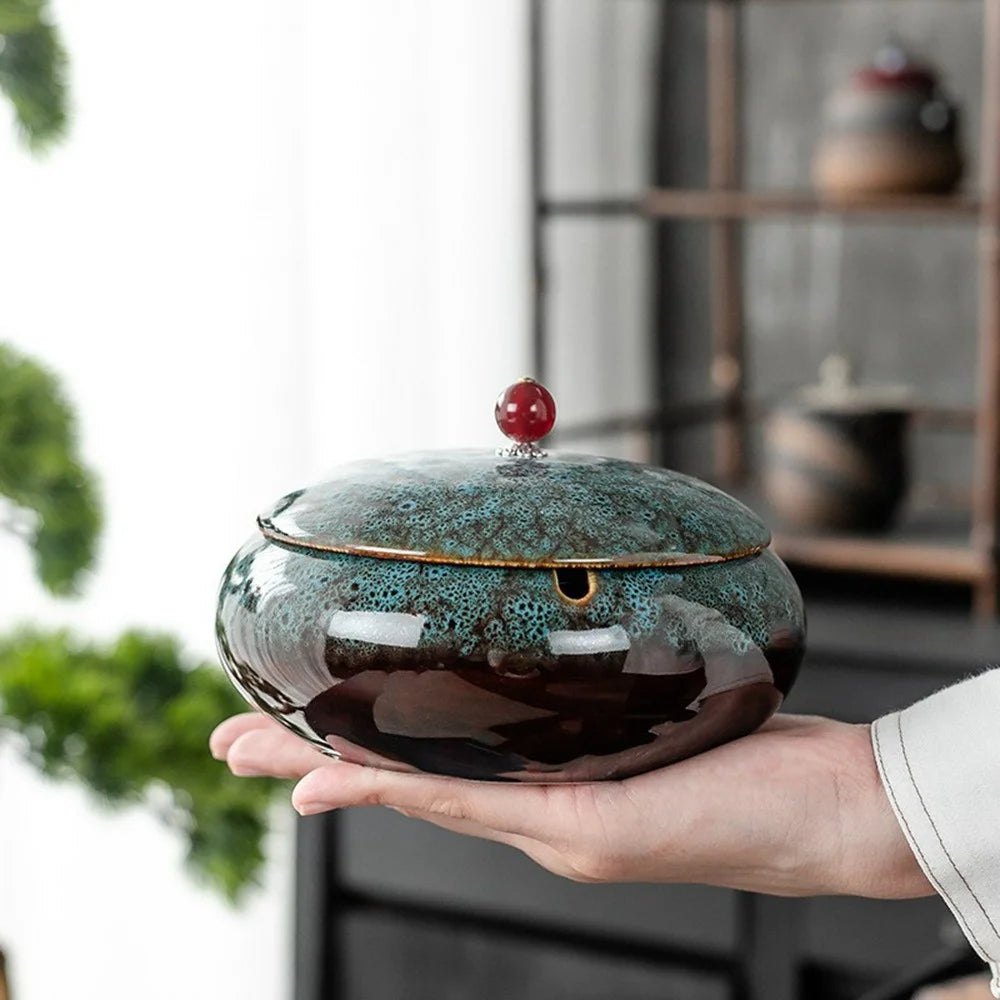 Ceramic Ashtray with Lid Three Grooves Creative Stylish Indoor Curved  Smokeless Design Ashtray Kiln Blue - 5